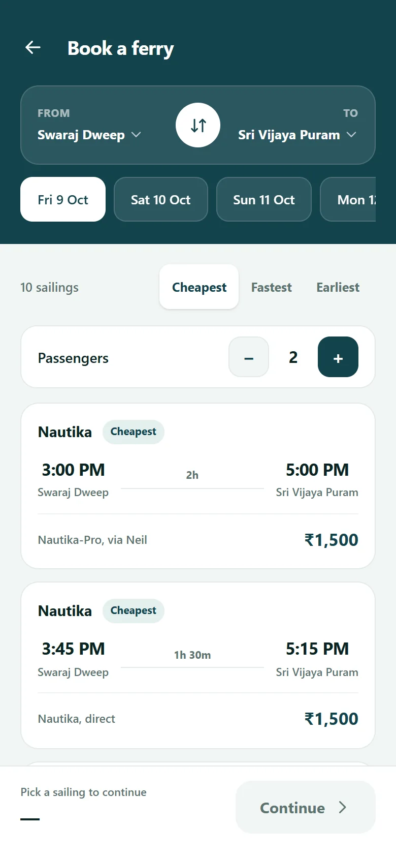 The ferry screen: ten sailings from Swaraj Dweep to Sri Vijaya Puram with times, durations and fares for two passengers.